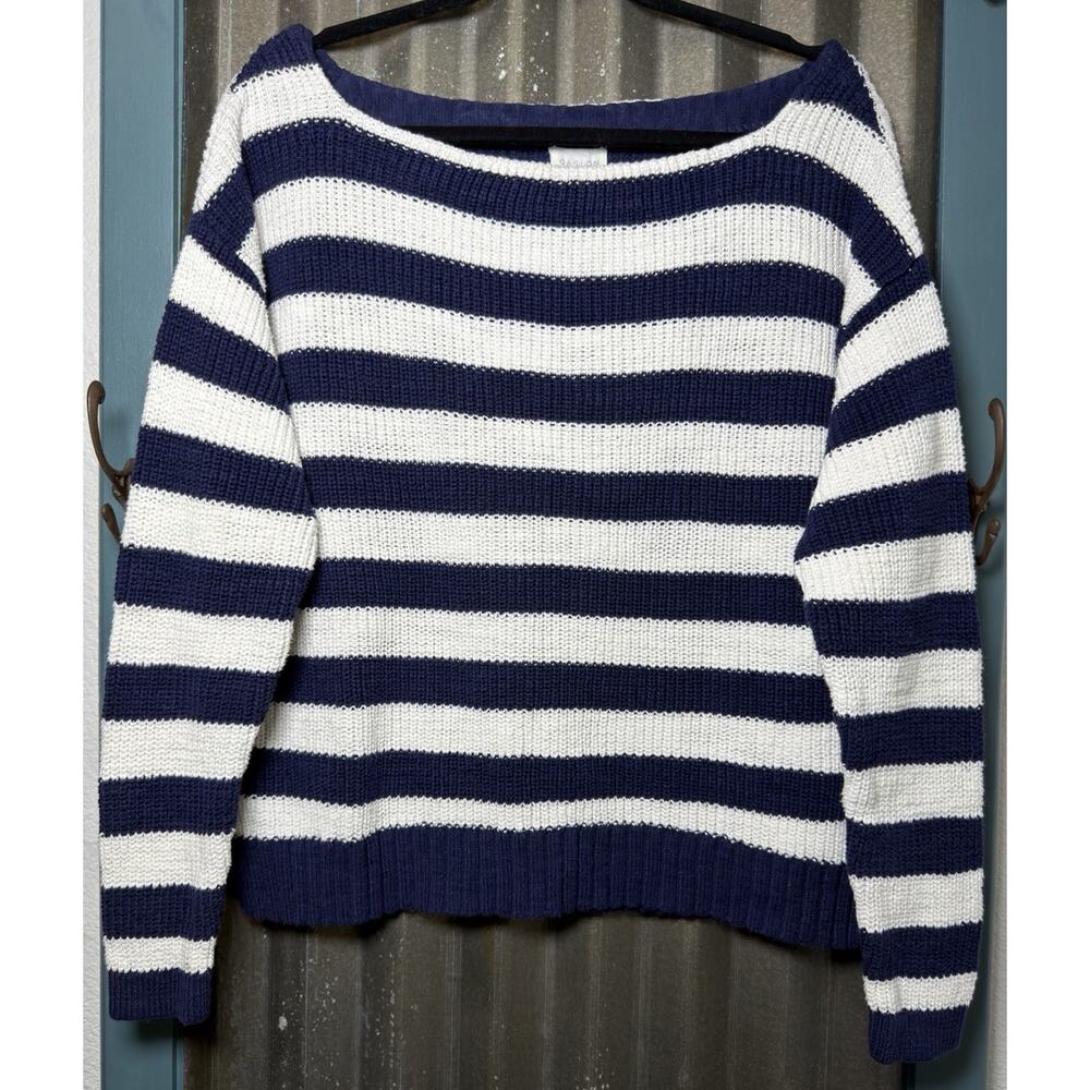 Caslon Nordstrom Navy White Boat Neck Summer Sweater Cotton Nautical Size Large
